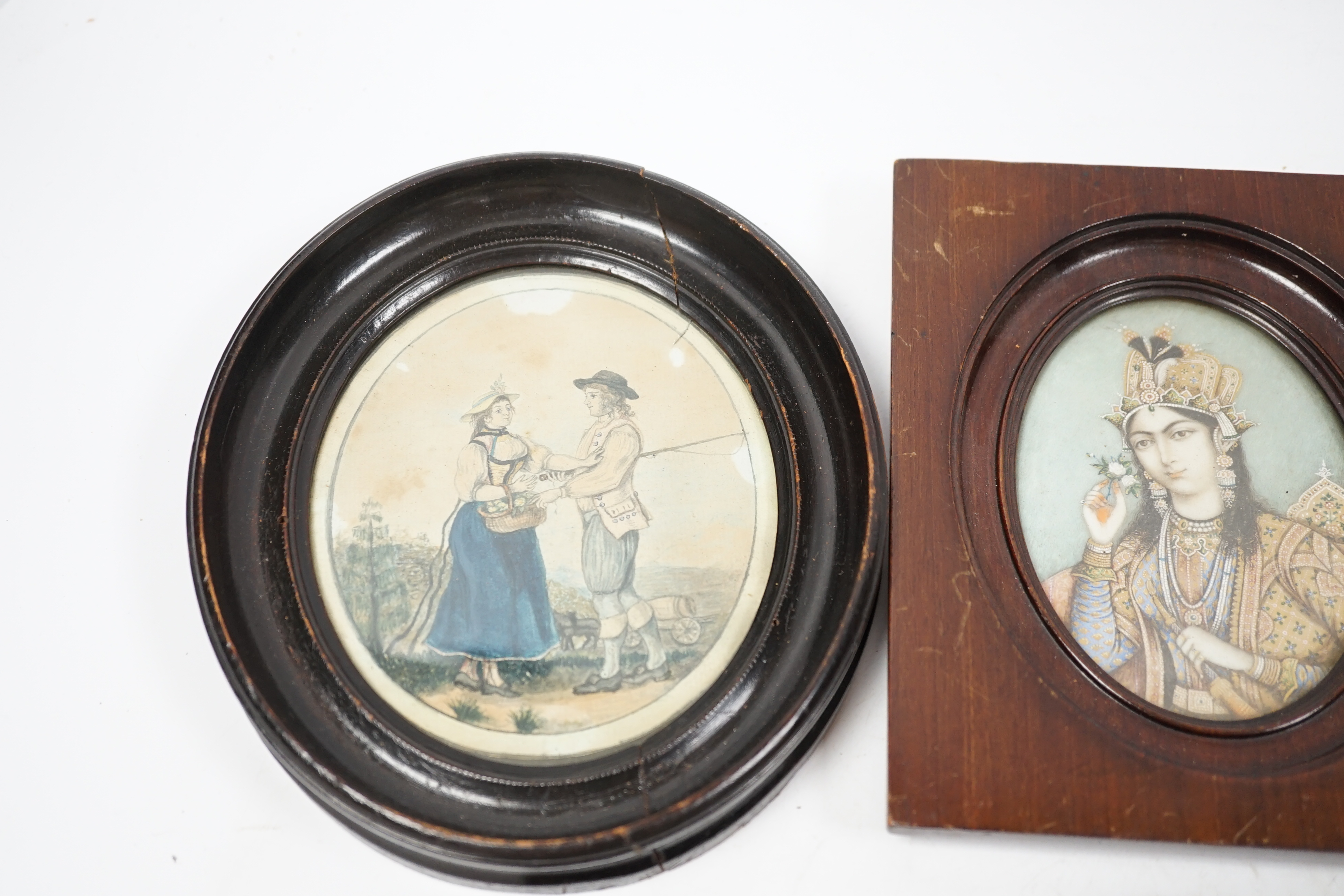 Five portrait miniatures comprising Indian watercolour on ivory, Portrait of a lady, two late 18th / early 19th century watercolours on card, Figures and two military style sepia prints, largest 12.5 x 10cm CITES Submiss